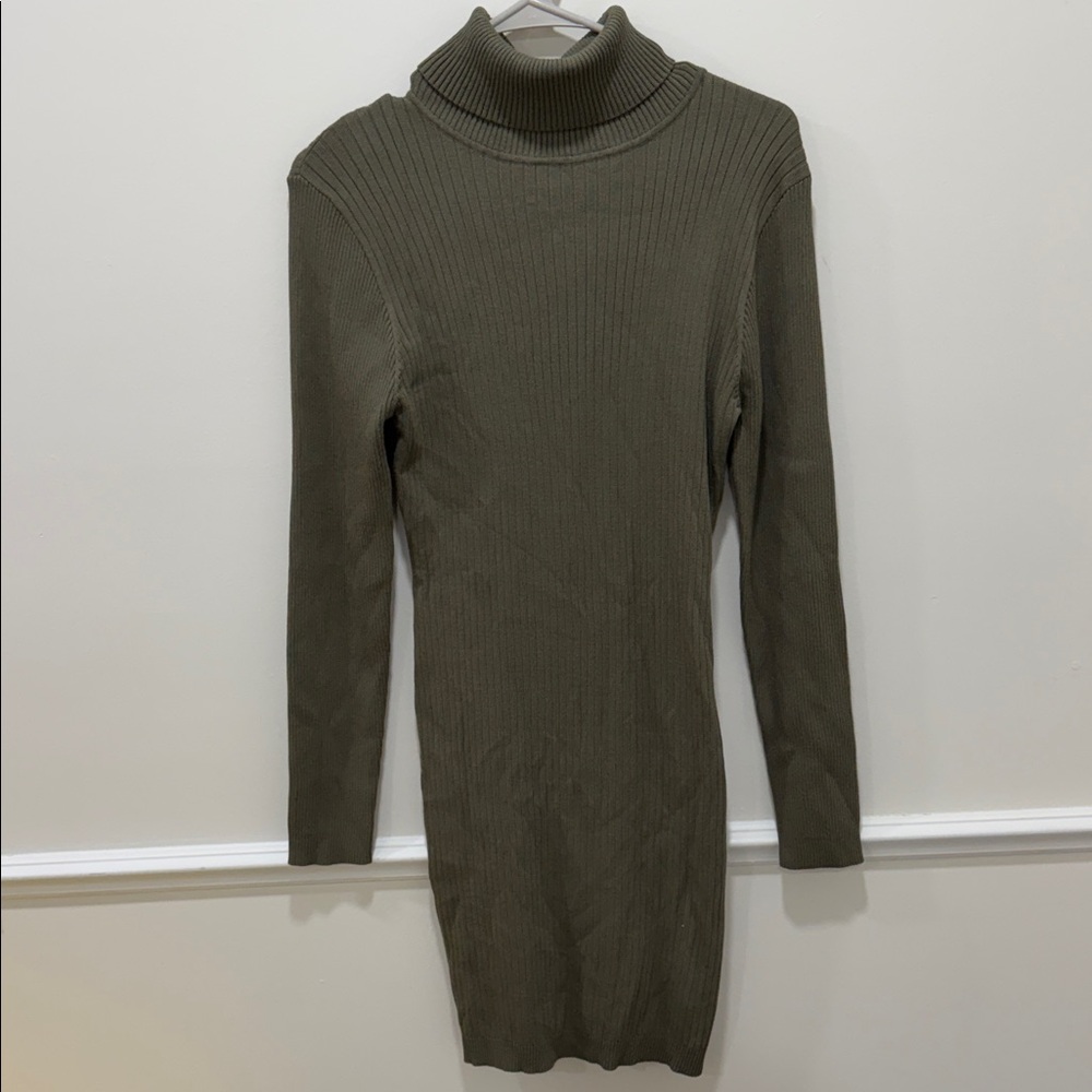 Olive Green Turtleneck Sweater Dress